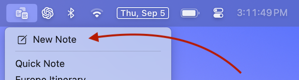 Quit app new Note menu