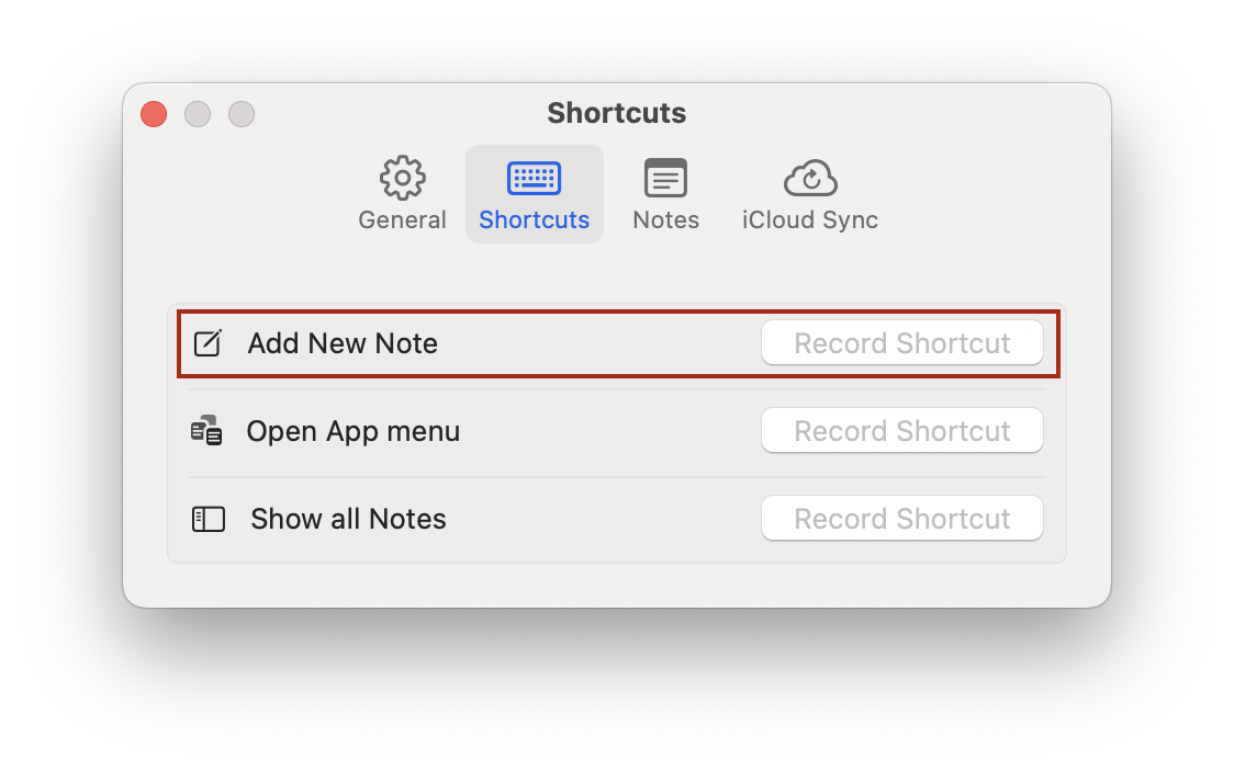 Shortcuts window