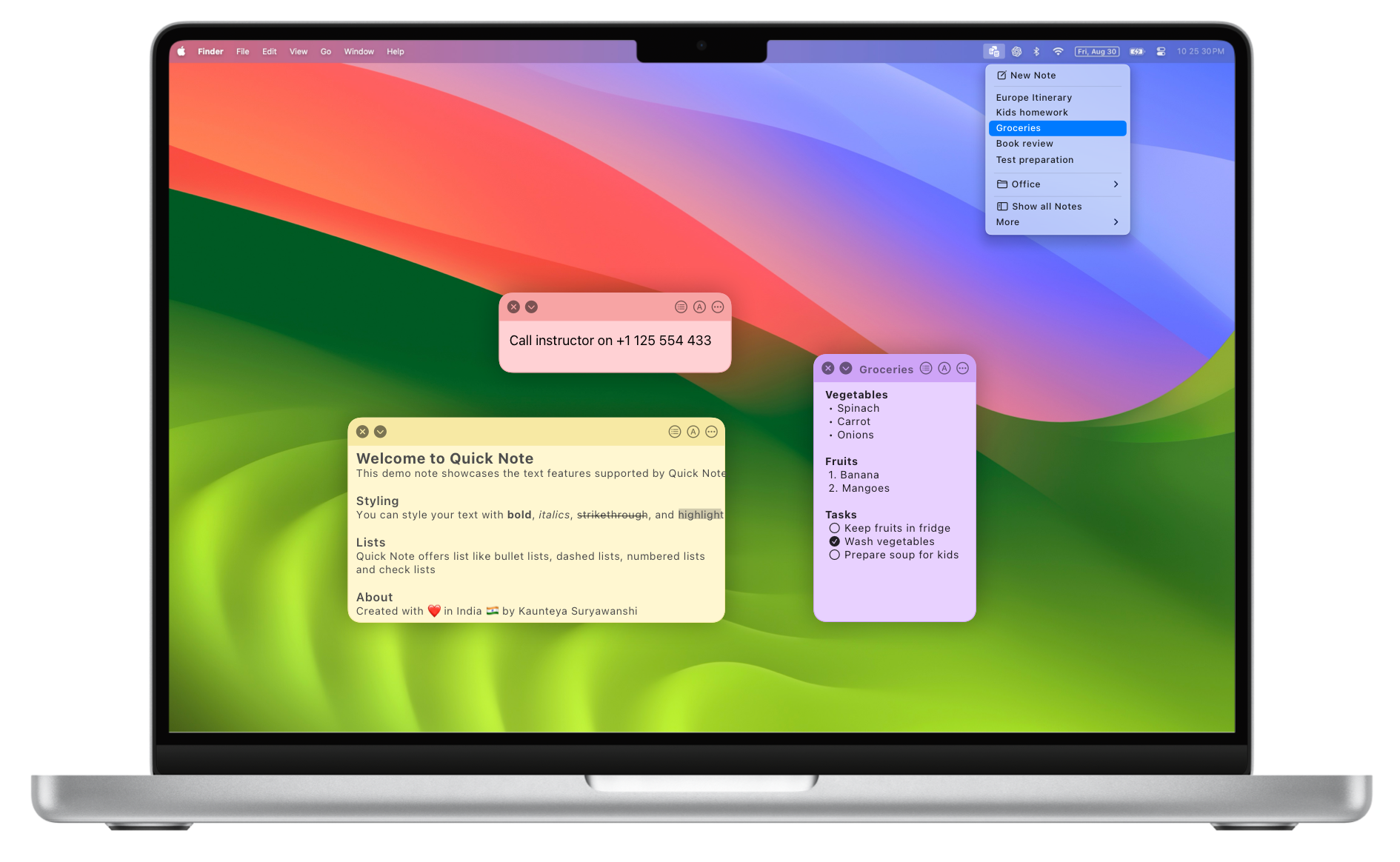 Screenshot of sticky notes
